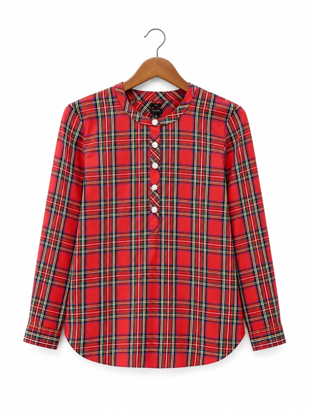 Talbots Womens XL Red Tartan Plaid Tunic Blouse Jeweled Buttons Holiday Top EUC